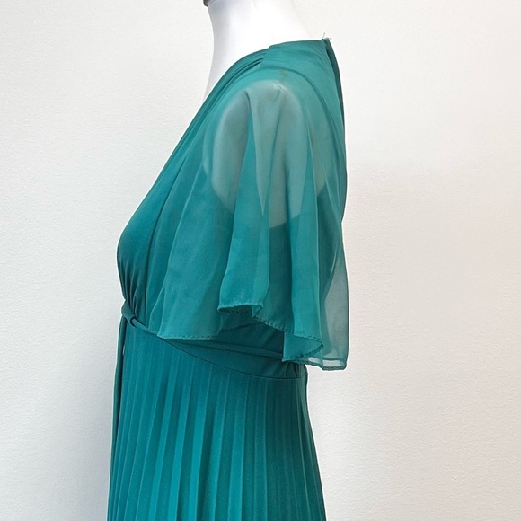 Vintage Mid Century Teal Chiffon Cape Pleated Formal Goddess Maxi Dress Gown - Picture 6 of 13